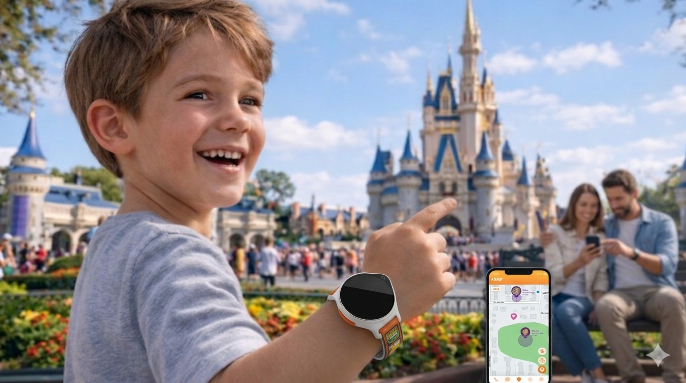 A boy points excitedly while wearing his KidiLink watch, with the parent app showing his location on a nearby phone